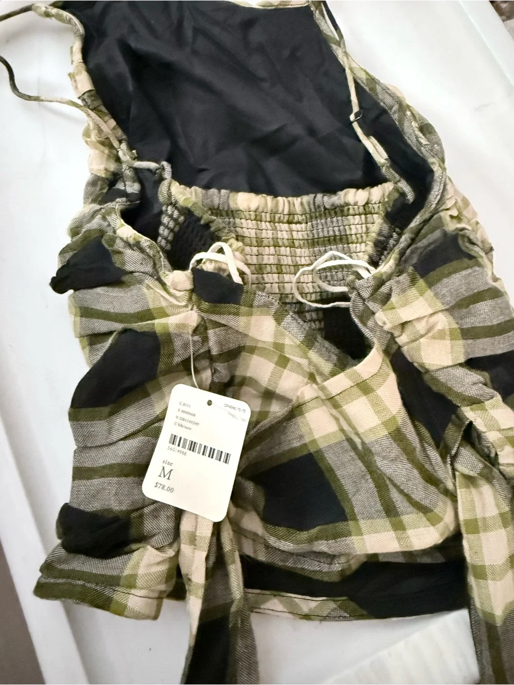 Free People Olive Green and Black Plaid Ruched Tank Top